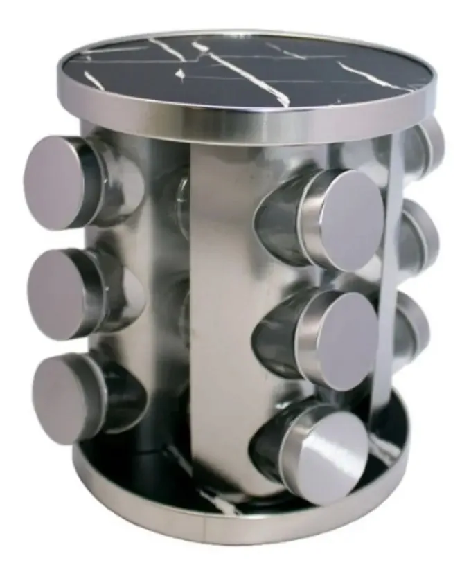 Porta Temperos Giratório Inox 12 Potes Design Mármore Preto