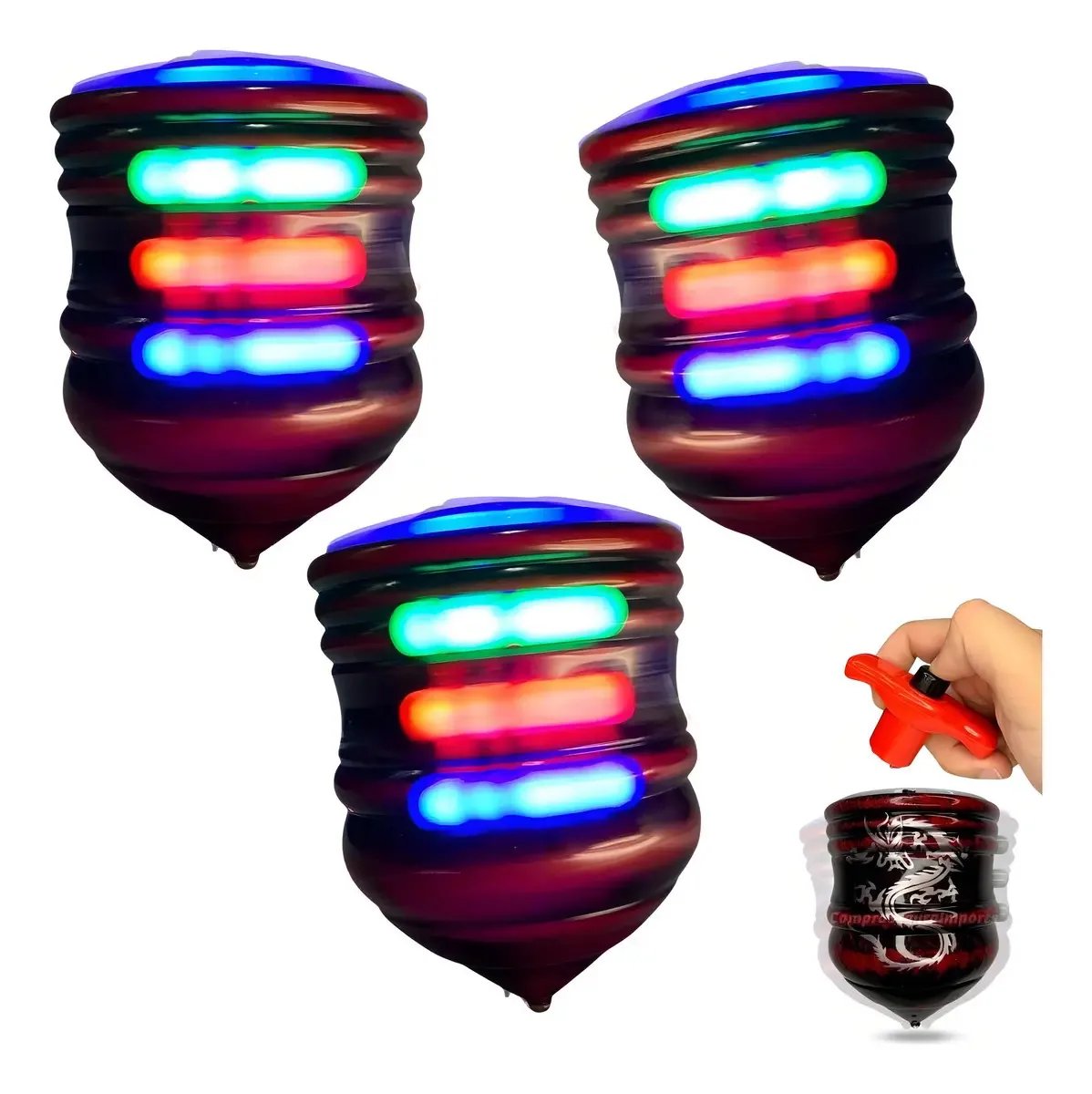 Kit 3 Piões Dragão Musical com Luz LED Plástico Toy King