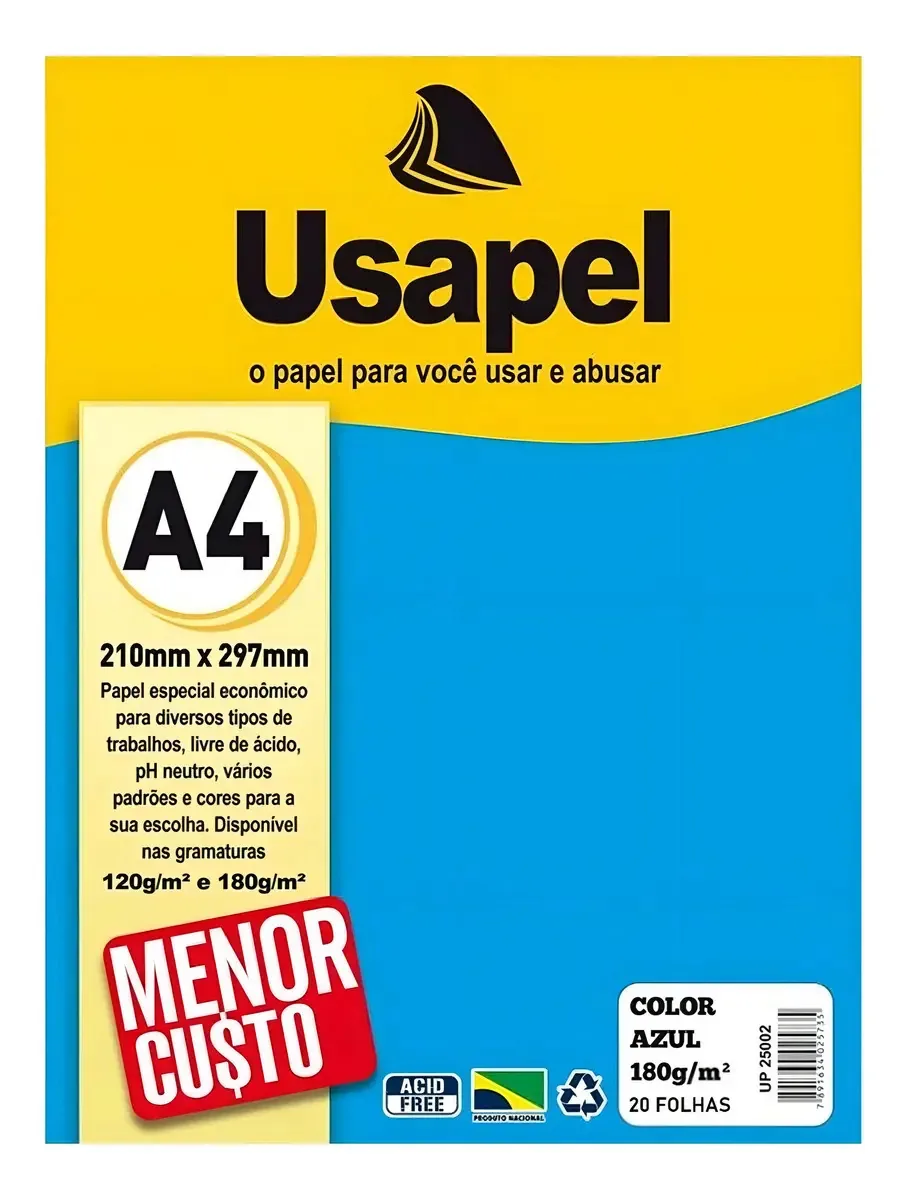 Papel Color Plus A4 180g Azul Usapel 20 Folhas Ideal Para Artes e Escola