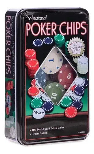 Jogo de Poker com 100 Fichas Numeradas e Ficha Dealer em Lata
