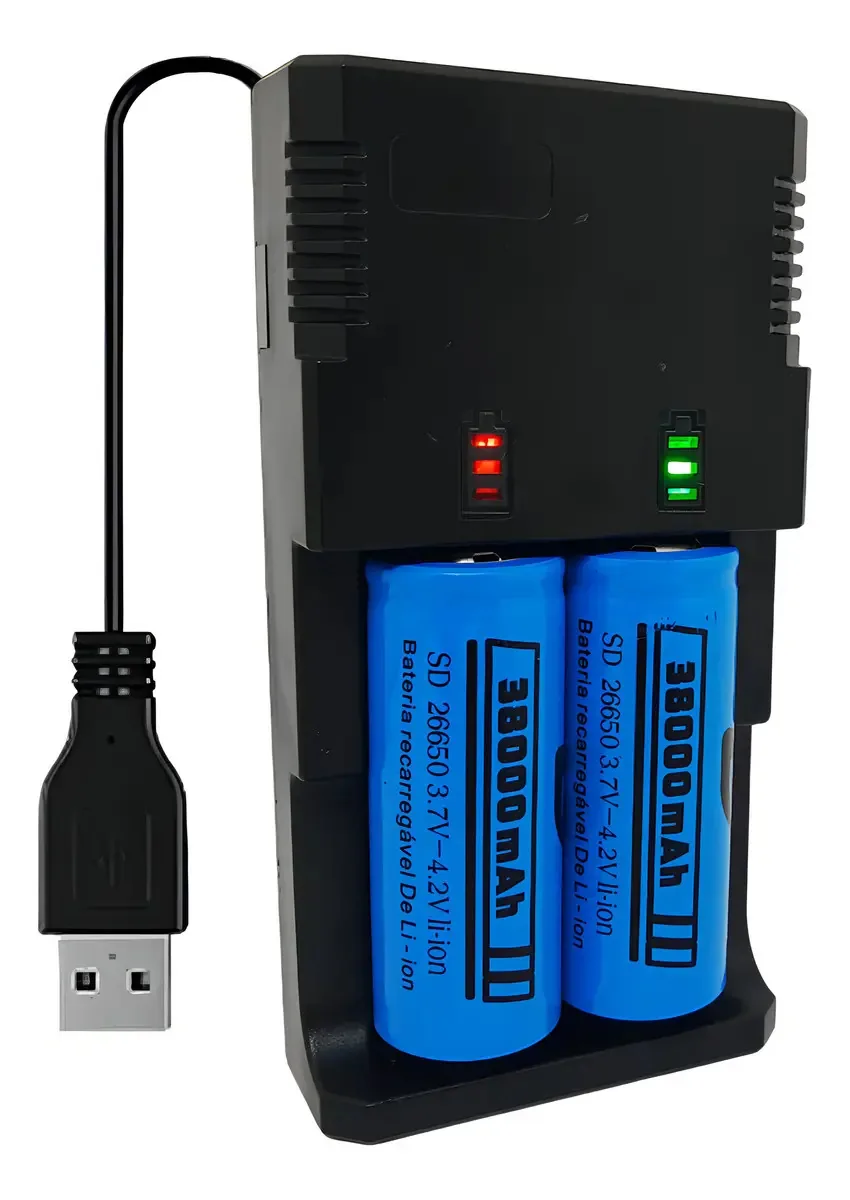 Carregador USB Duplo com 2 Baterias 26650 38000mAh Li-ion 4.2V