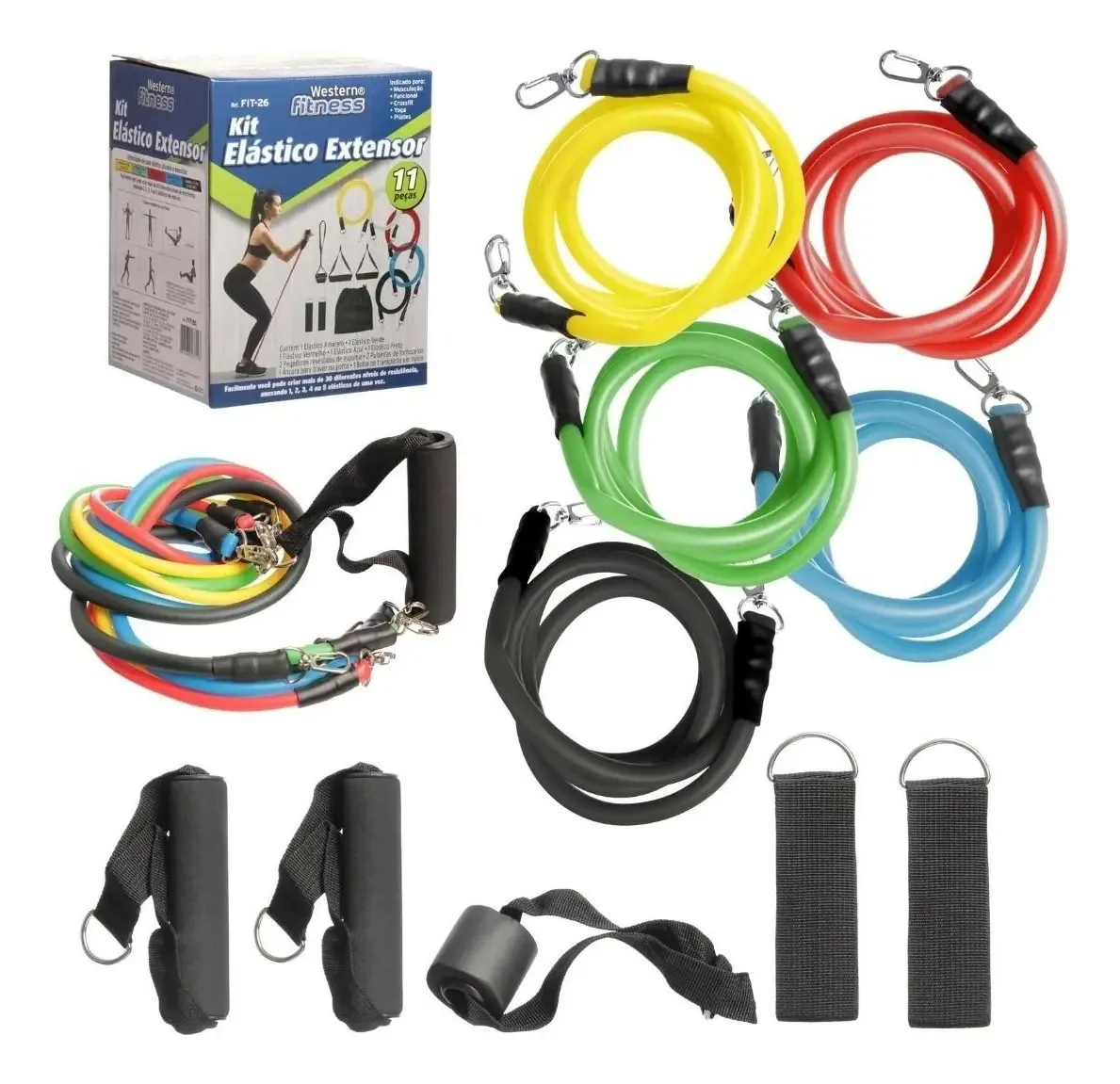 Kit Extensores Elásticos Western 11 Peças Alta Resistência Treino Fitness