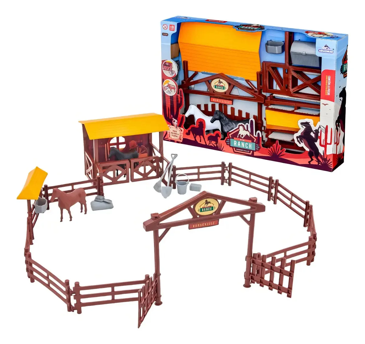 Brinquedo Mini Rancho Horseville Infantil com 2 Cavalos e Estábulo