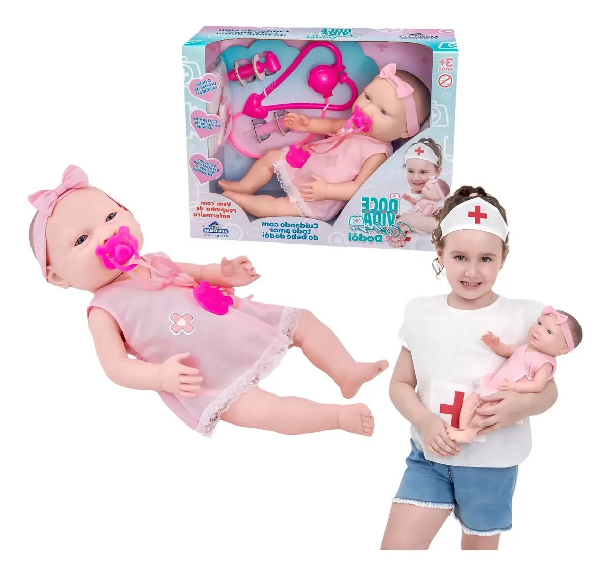 Boneca Reborn Dodói + Uniforme Infantil + Acessórios Médicos