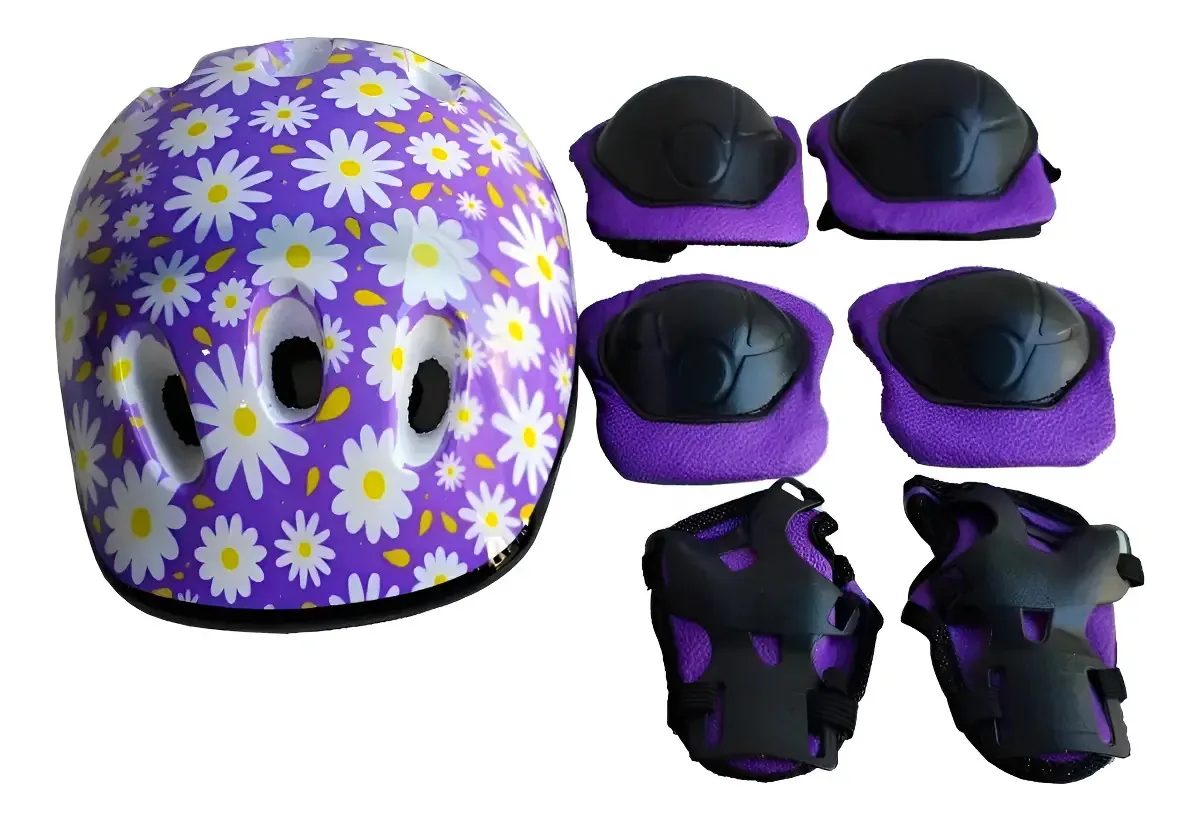 Kit Infantil Capacete Bike Joelheira Cotoveleiras Proteção Bicicleta Patins Skate Violeta