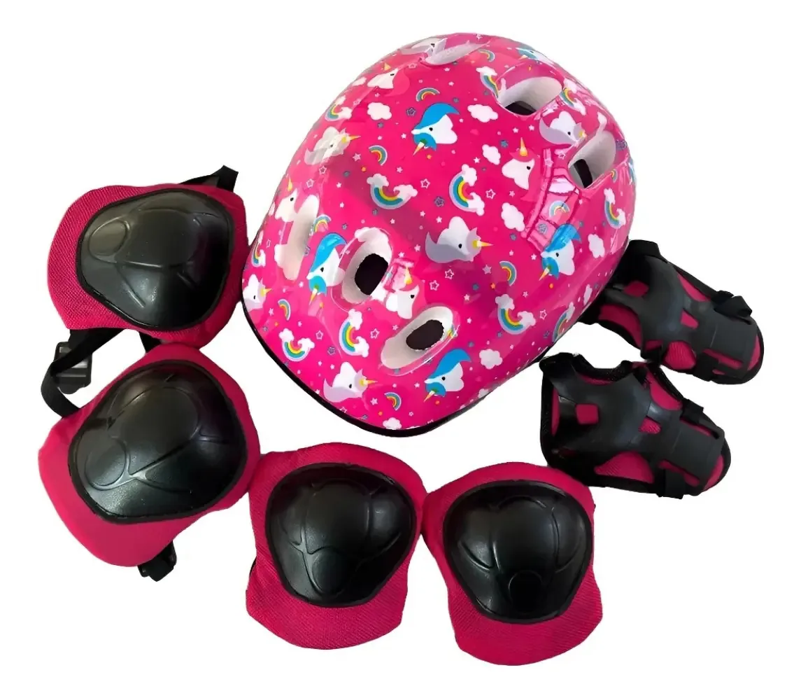 Kit Infantil Capacete Bike Joelheira Cotoveleiras Proteção Bicicleta Patins Skate Rosa Unicornio