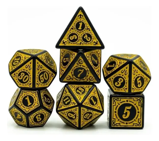 Dados Rpg Conjunto Com Sete - Runas Preta C/n° Amarelo