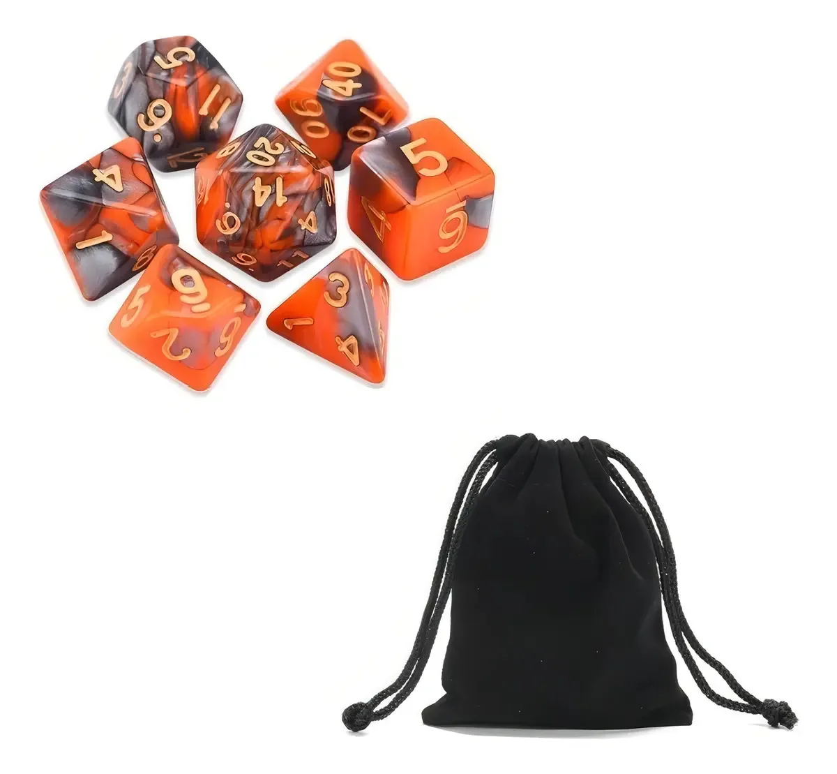 Dados Rpg Conjunto Com Sete - Laranja Com Cinza C/ N°dourado