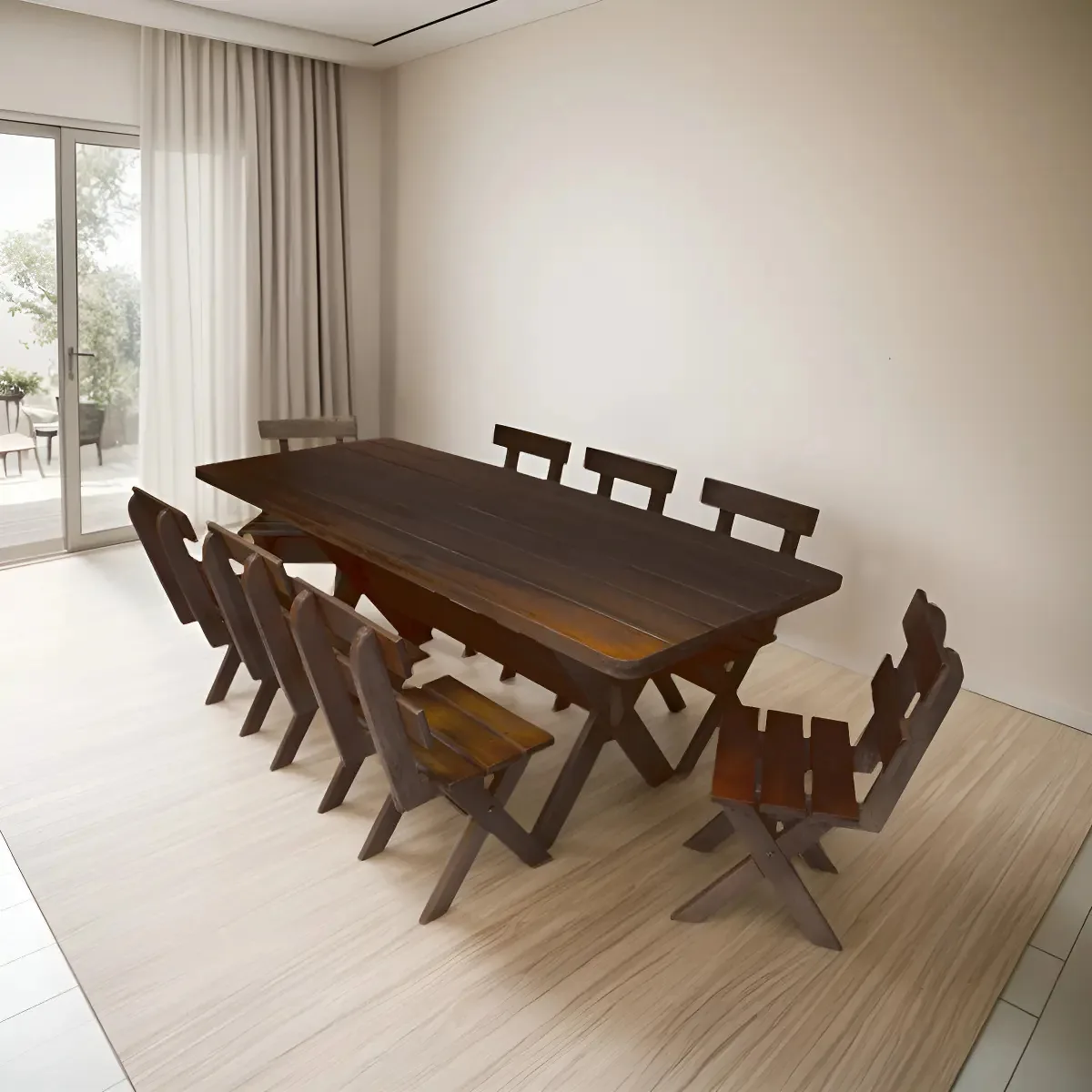 Conjunto Mesa 2m 8 Cadeiras Madeira Maciça Eucalipto Tabaco