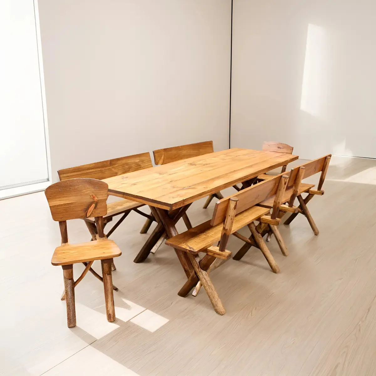 Conjunto Rústico Mesa Bancos Cadeiras Madeira Maciça Pinus
