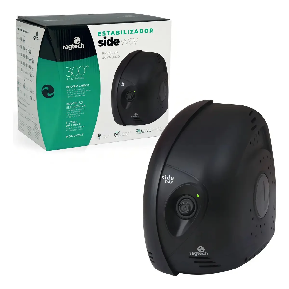 Estabilizador Ragtech 300VA Preto Com LED e Botão Liga/Desliga