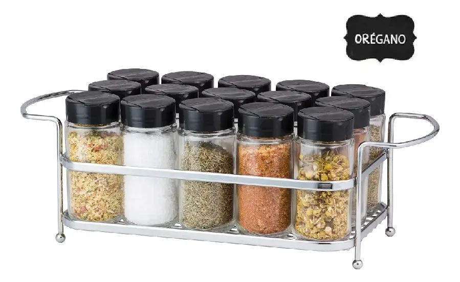 Porta Temperos Condimentos 15 Potes Vidro Suporte Cromado