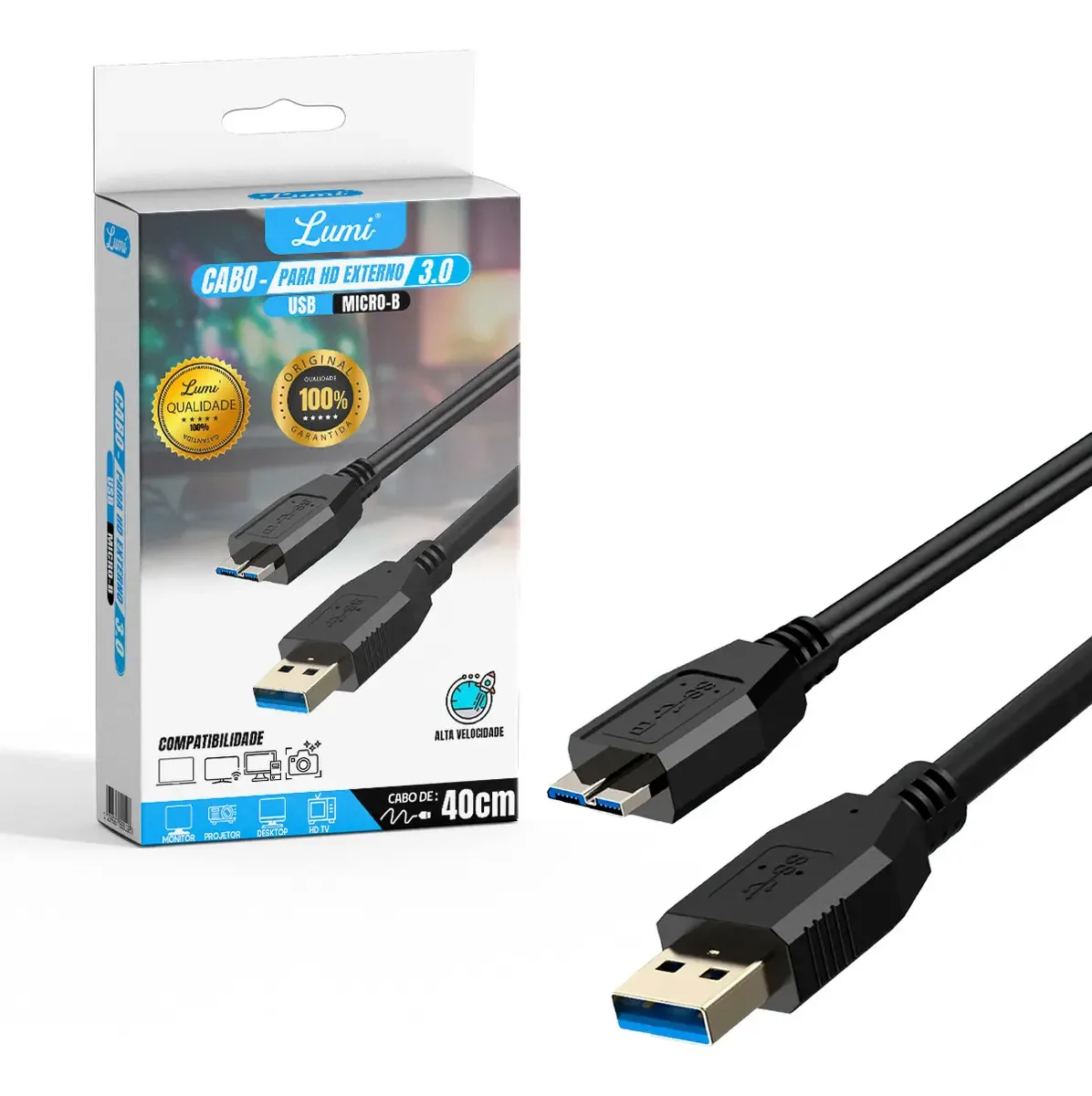 Cabo Usb 3.0 Para Hd Externo Cor Preto 40cm
