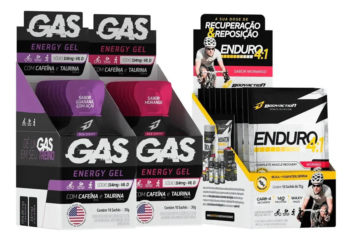 Bodyaction Web Series 2x Caixas Gas Energy Gel 20 Sachês + Enduro 4:1 Cx 10 Sachês Sabor Guaraná com Açaí/Morango
