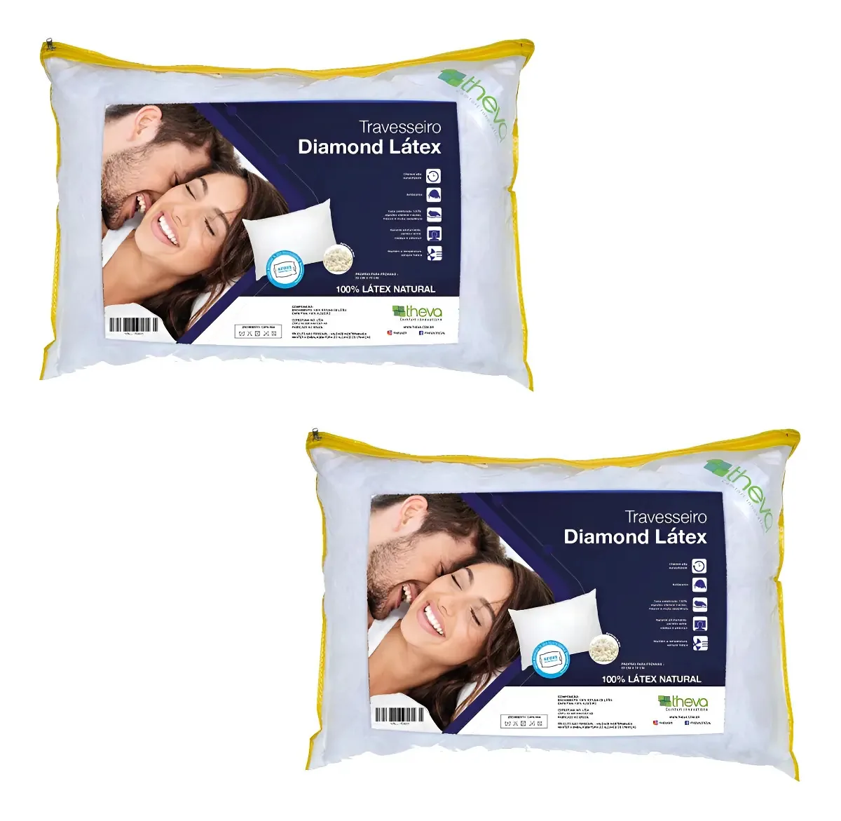 Kit 2 Travesseiros Theva Diamond Latex Branco Antialérgico Antimofo