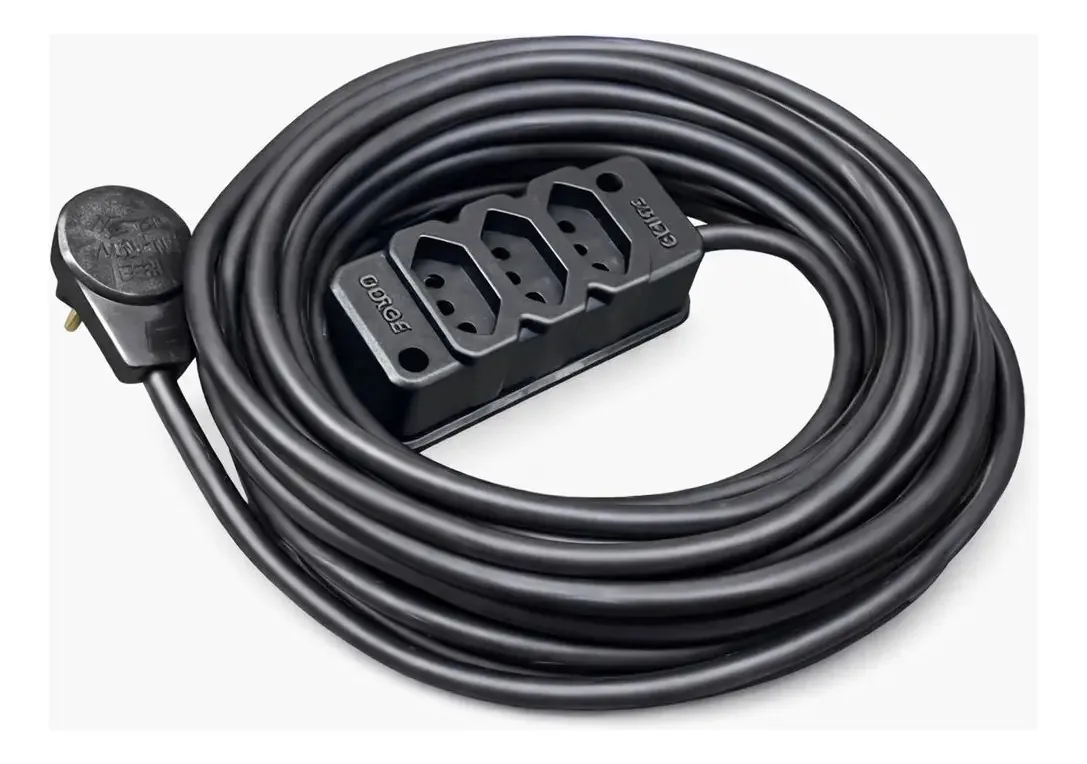 Extensão 20 Metros Cabo Pp Fio 2x2.5mm Tomada Tripla Cor Preto