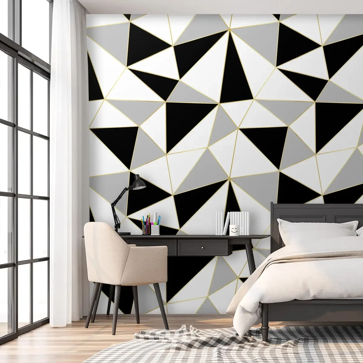 Adesivo Decorativo 3 Metros Papel Parede Geométrico Zara Dourado Cinza Branco Preto Sala Quarto