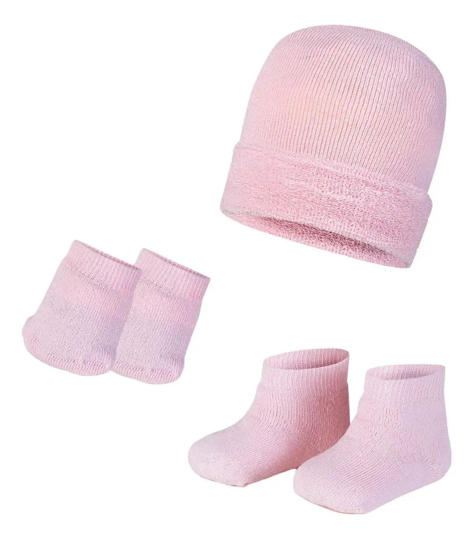 Kit Maternidade Bebê Meia Luva E Touca Recém-nascido Fofo Cor Rosa-claro