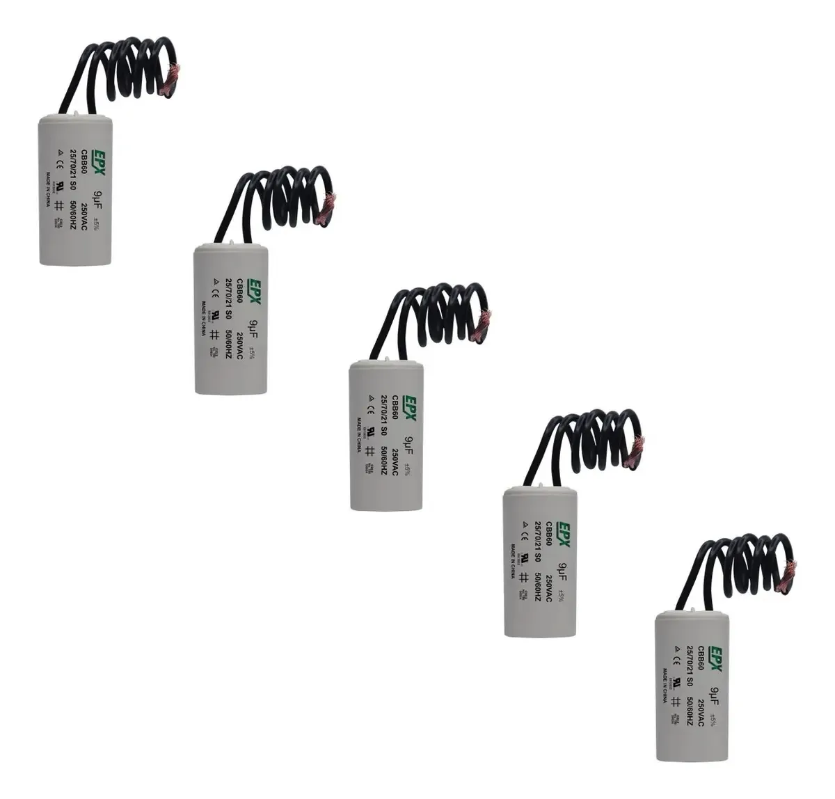 Kit 5 Capacitores Permanentes 9uf 250v 2 Fios Cbb60 Motor