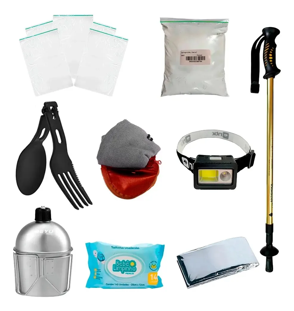Kit Ziplock + Talher + Lanterna + Toalha +bastão +acessórios