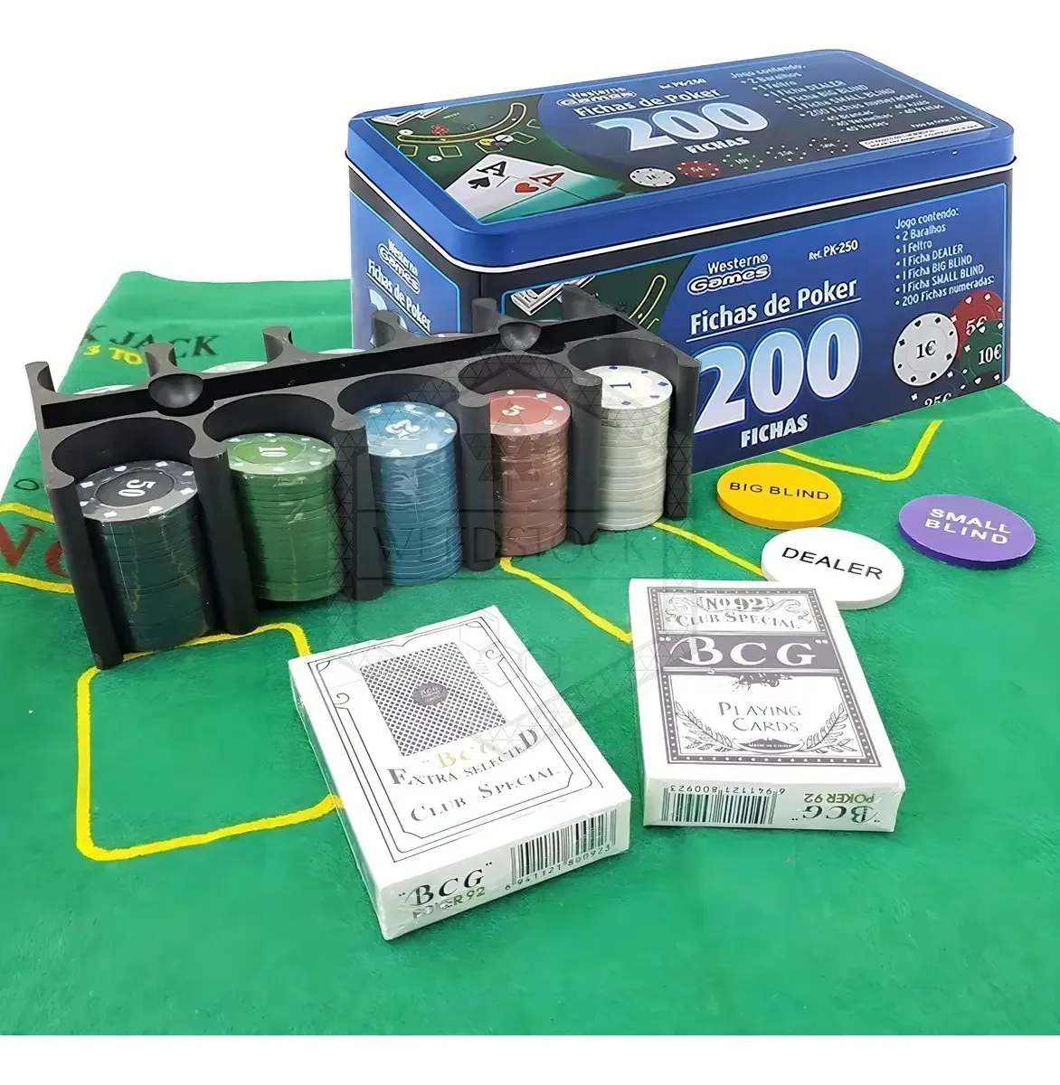 Lata Poker Texas Hold'em 200 Fichas Numeradas + Feltro 60x90