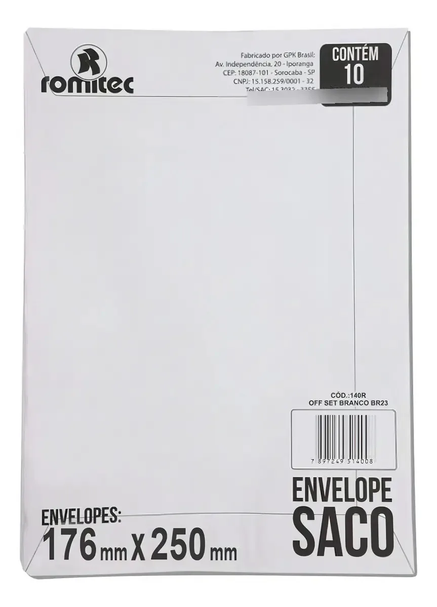 Envelope 1 2 A4 Branco C 10 160 R Plastpark