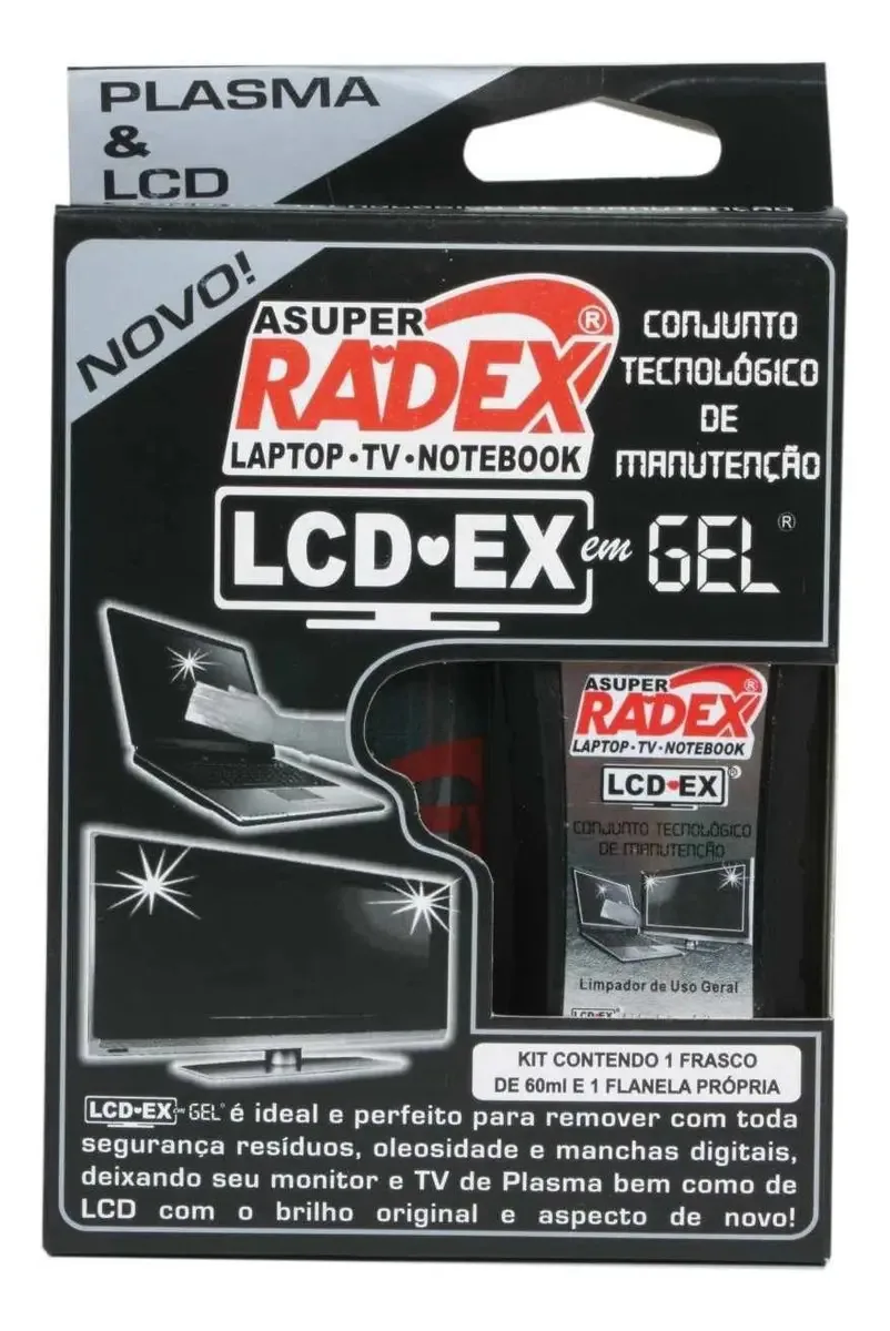 Gel Limpeza Radex Monitores e TVs Plasma LCD 60 mL com Pano