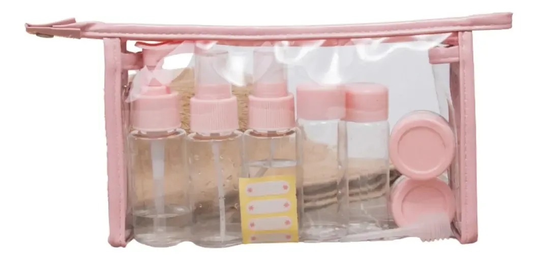 Kit Necessaire 7 Frascos Viagem Zafin Organizador Higiene Pessoal Cosméticos Cor Rosa