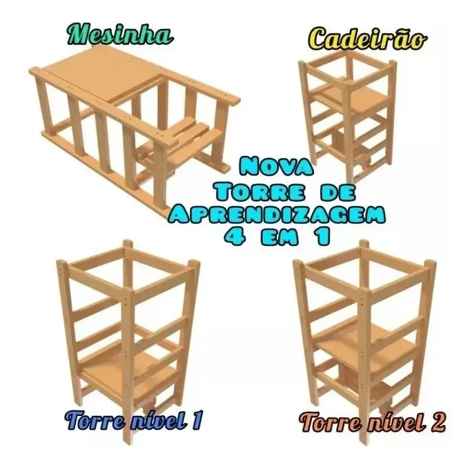 Torre de Aprendizagem Montessori 4x1 JJA Cadeirão Mesinha Infantil Pinus