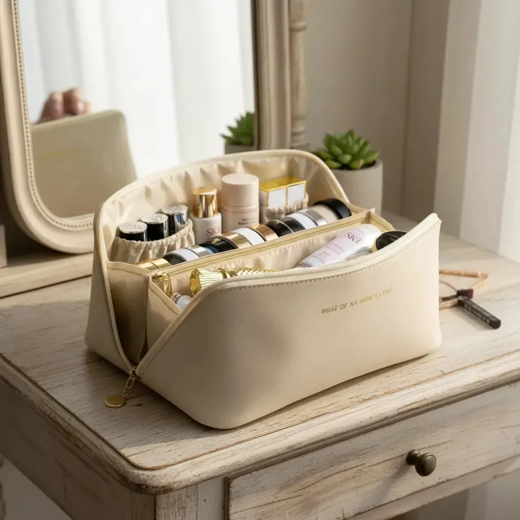 Bolsa Necessaire Porta Maquiagem Higiene Organizador Viagem Trabalho Faculdade Academia Unissex Feminino Moda Blogueira Marca Lemon Shark Cor Bege
