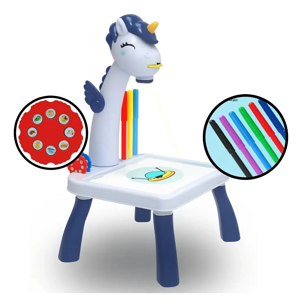 Lousa Mágica Loving Family com Projetor de Desenhos para Crianças Unicórnio Azul