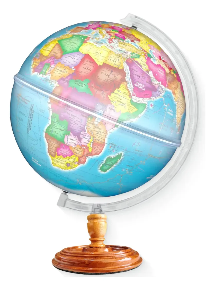 Globo Terrestre Politico Giratório Luminoso - Base Madeira Branco Marrom