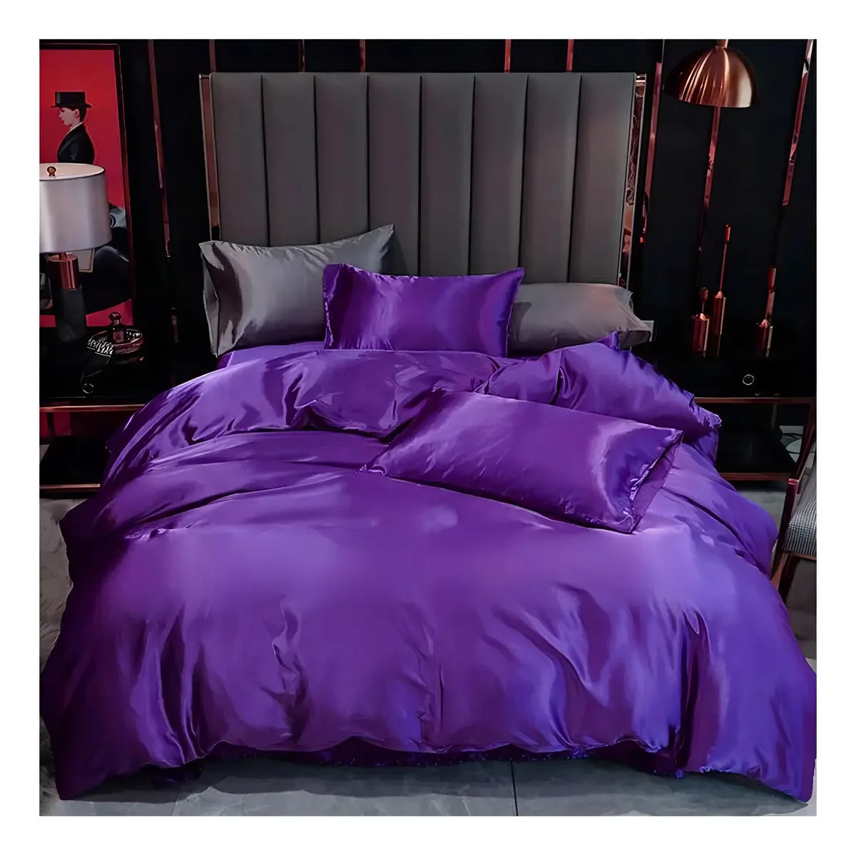 Jogo Cama Solteiro King Cetim 7pç Completo Roxo C/graffiti