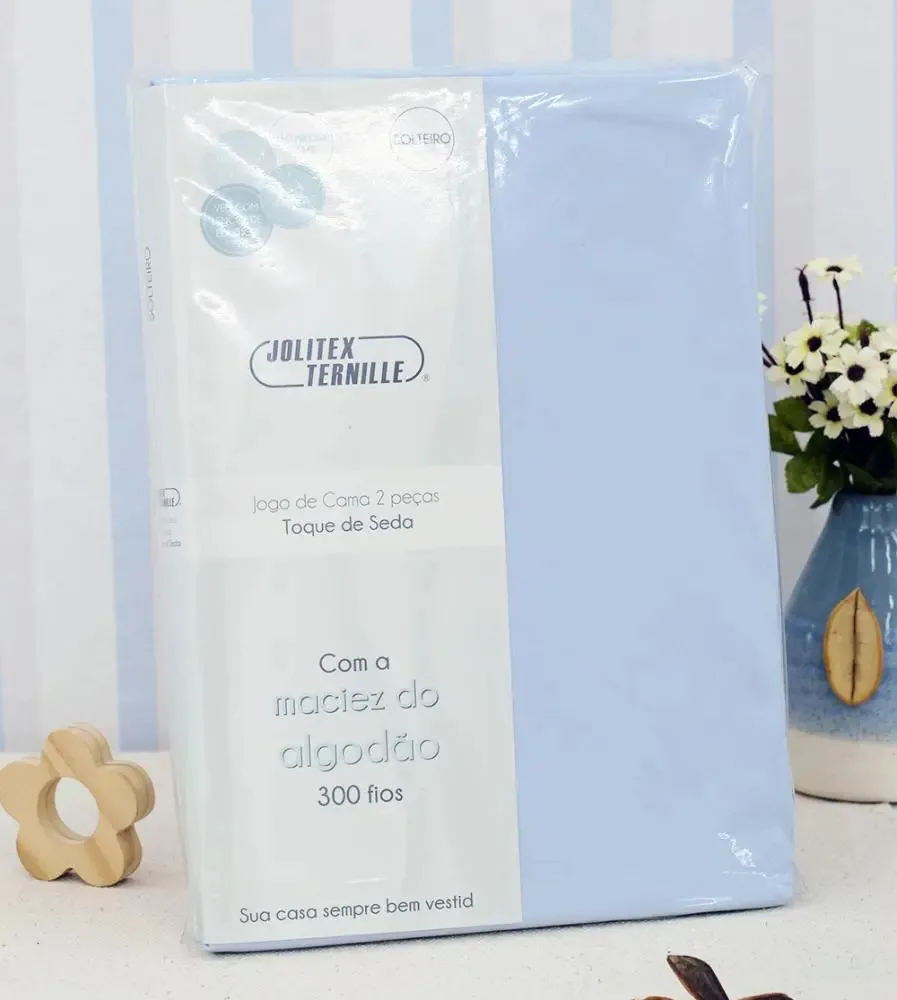 Jogo Cama Azul Solteiro Toque Seda Maciez 300 Fios 2pçs