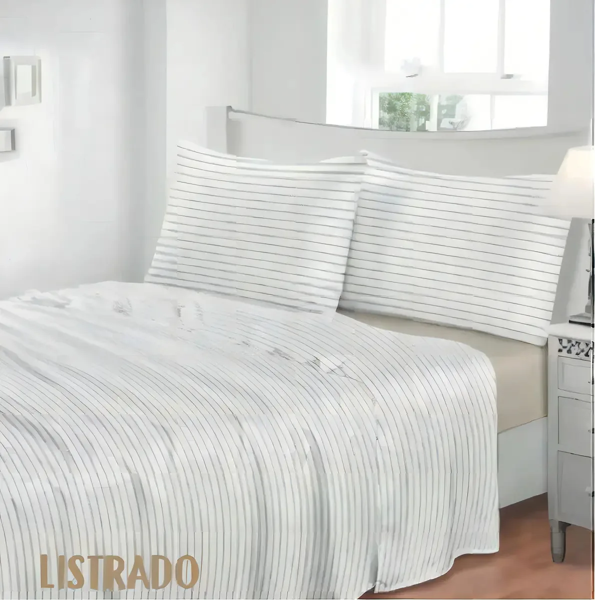 Jogo Cama Listrado Casal Toque Seda Maciez 300 Fios 3 Pçs