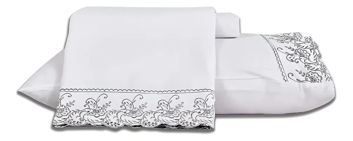 Jogo Cama 4 Pç Queen Bordado Inglês Toque Seda Branco Cinza