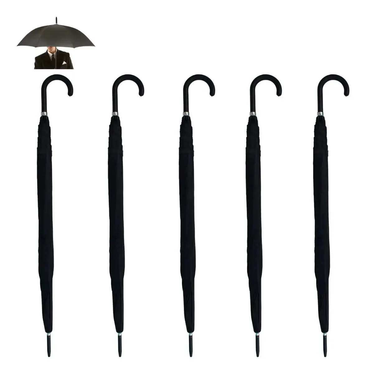 Kit com 5 Guarda-chuvas Grandes Reforçados e Resistentes ao Vento Preto