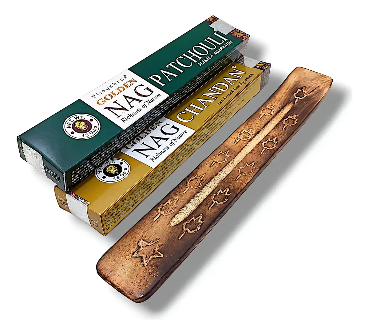 Kit 2 Incensos Golden Nag - Patchouli E Chandan + Incensário