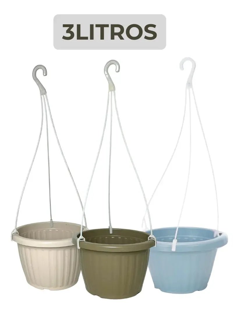 Kit Com 3 Vasos 3l Para Pendurar Com Hastes Plantas E Flores