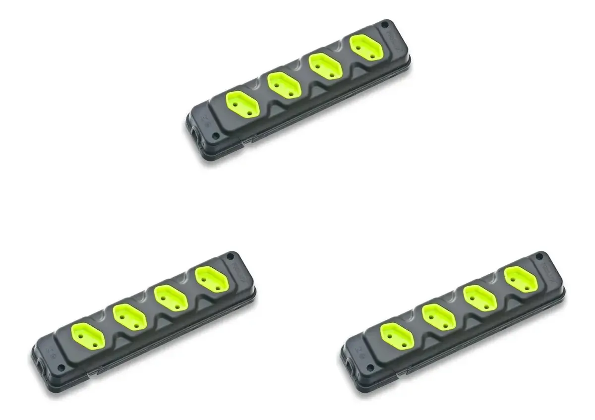 Kit com 3 Tomadas Barra Fiolux Quádrupla de 2 Polos e 20A Preto