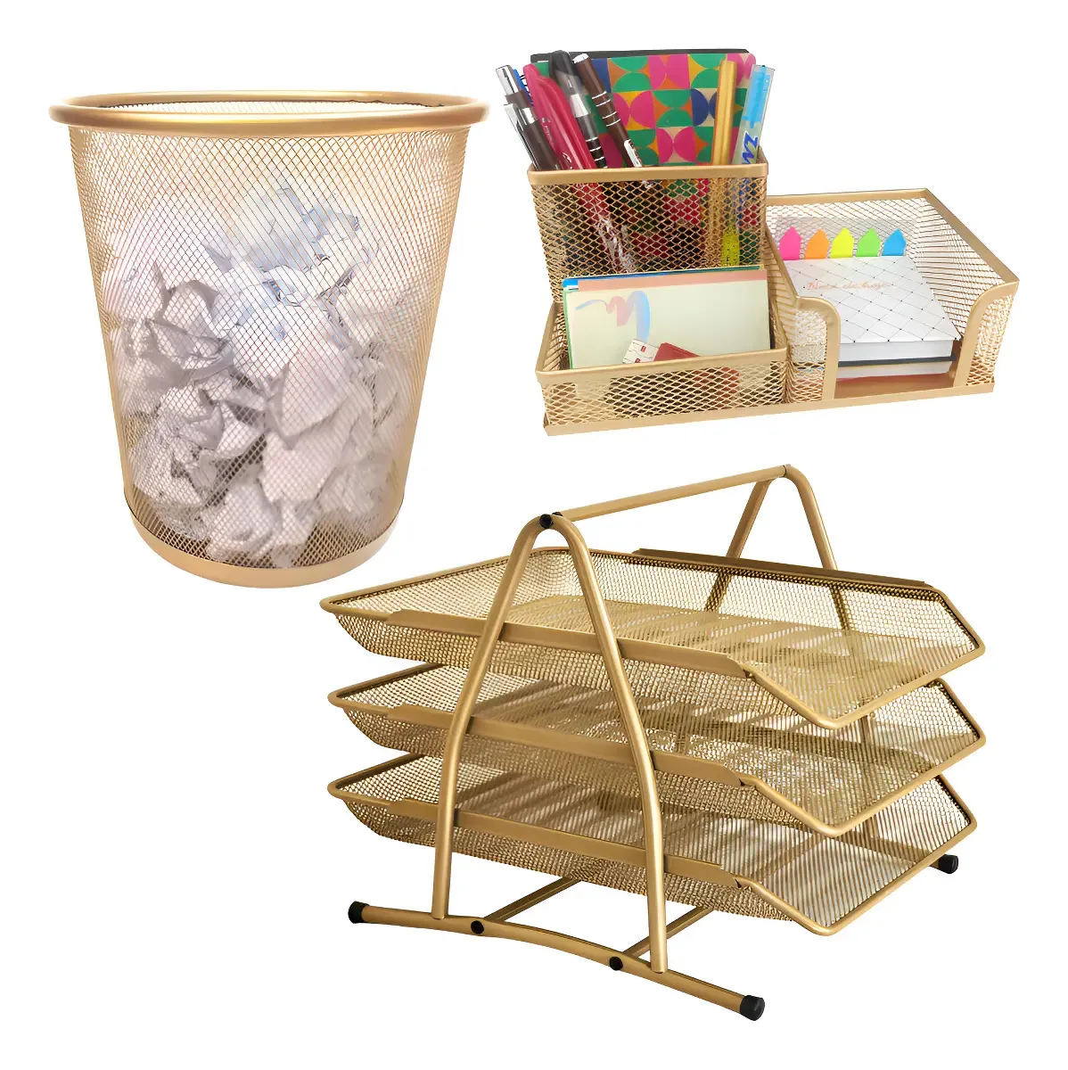 Kit Escritório Lixeira Bandeja Tripla Porta Caneta Dourado