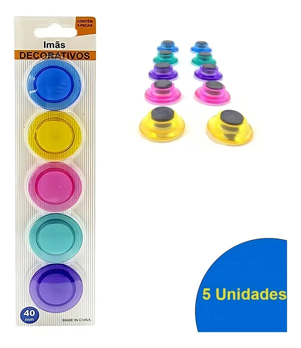 5 Imãs Prendedor Magnético Redondo Geladeira Mural Coloridos Cor Azul, Amarelo, Verde, Rosa, Roxo