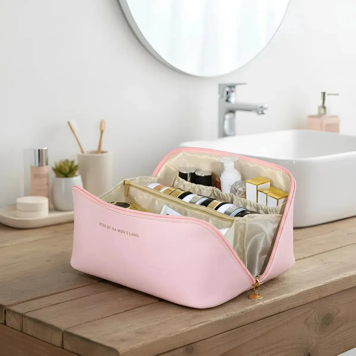Bolsa Necessaire Porta Maquiagem Higiene Organizador Viagem Trabalho Faculdade Academia Unissex Feminino Moda Blogueira Marca Lemon Shark Cor Rosa