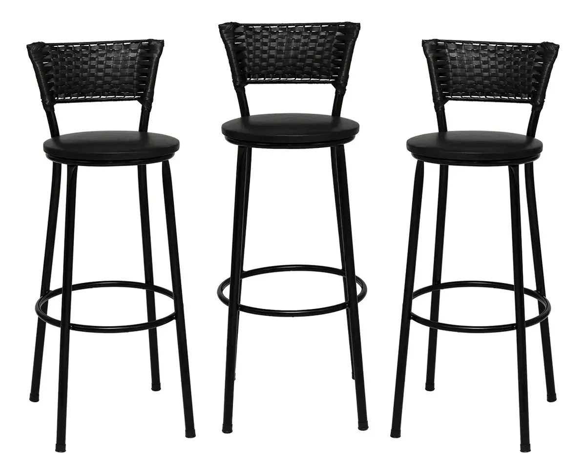 Itagold Kit 3 Banquetas Alta Junco Luxo 75cm Aço Acabamento Da Estrutura Estrutura Preta - Encosto Preta Cor Preto