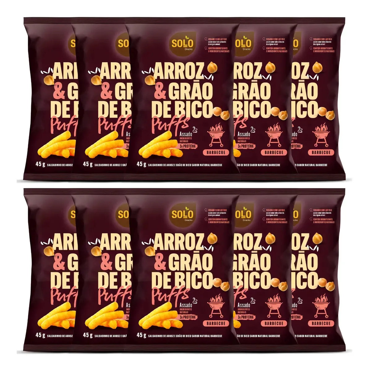 Kit 10 Unid Snack Puffs Arroz Grão Bico Barbecue Solo Snacks