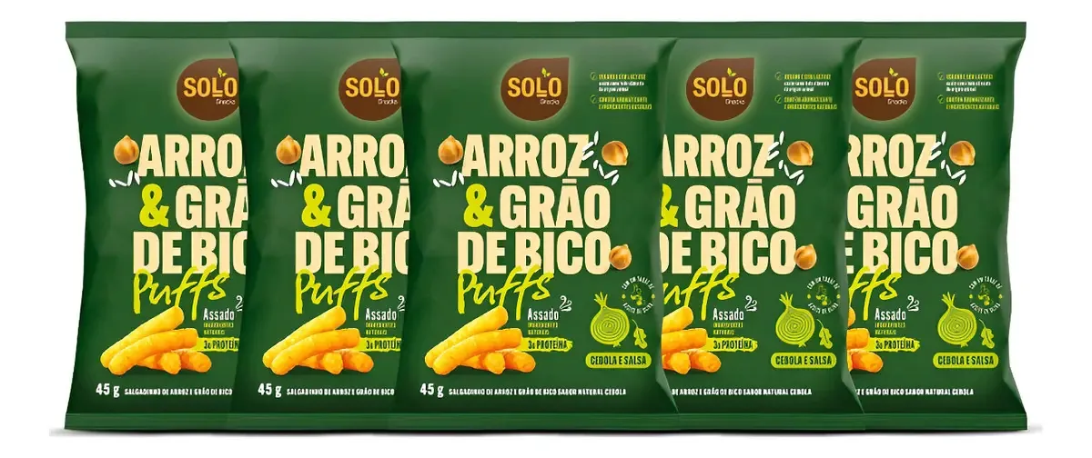 Kit 5 Unid Snack Puffs Arroz Grão Bico Cebola Solo Snacks