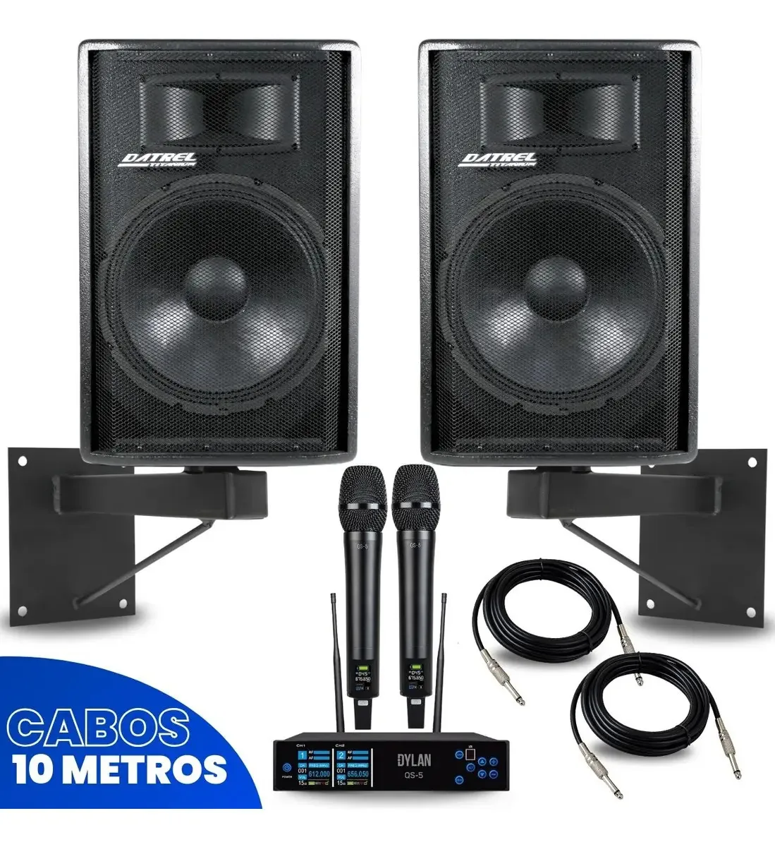 Kit 2 Caixas Som 600w Ativa Passiva 15 Acustica Amplificada Bluetooth Usb Aux + Microfone Duplo Dylan Qs-5 S/ Fio Cardiode + Suporte De Parede + Cabos Audio Pa Profissional