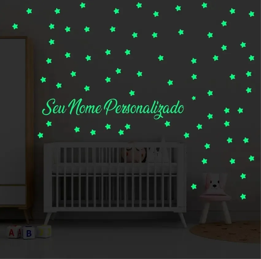 Adesivo Brilham No Escuro Estrelas + Nome Personalizado 125u Verde Dinossauro
