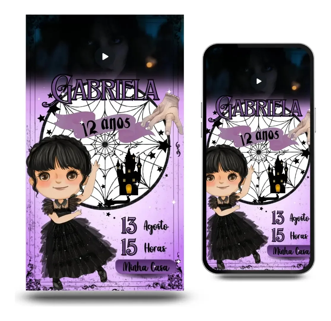 Convite Digital Animado Wandinha para Aniversário com Vídeo