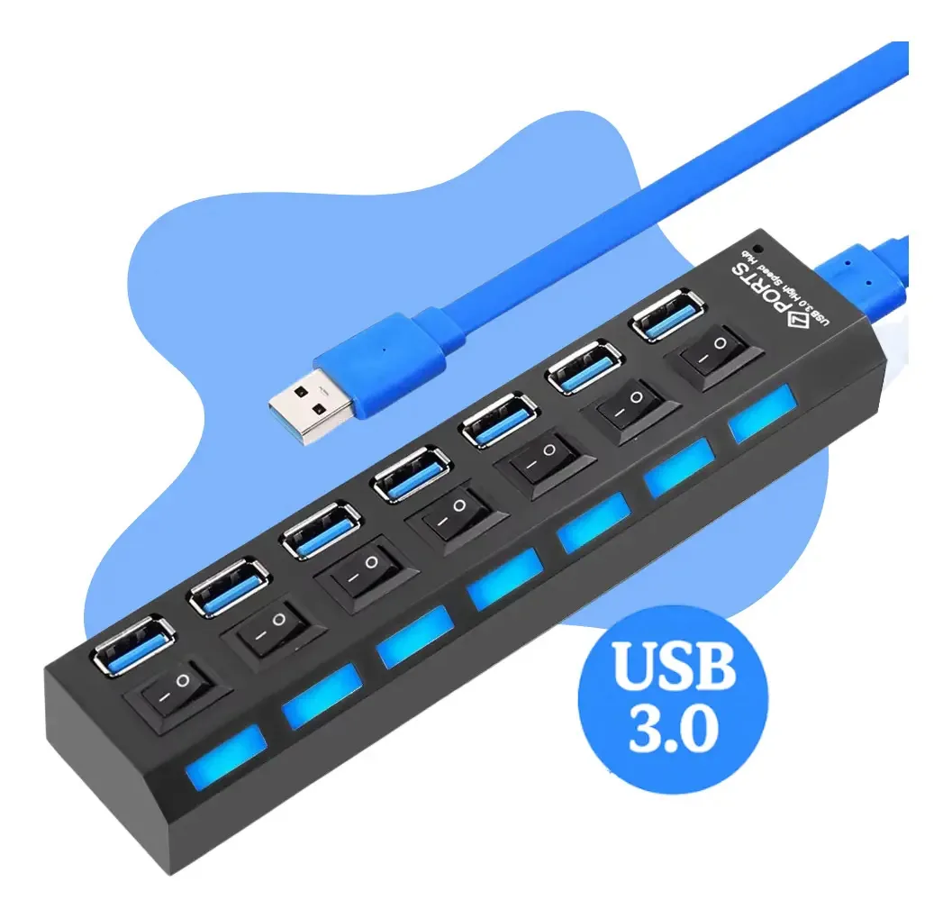Hub USB 3.0 7 Portas YBF Extensão PC Notebook HD Externo